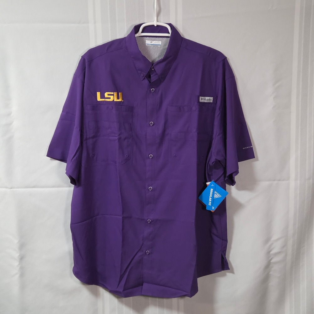 Columbia Fishing Shirt Mens L Purple LSU Tamiami PFG Short Sleeve Button Down